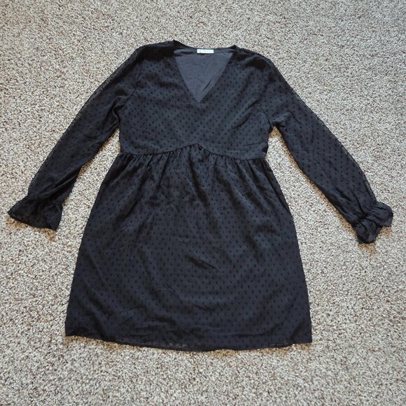 kirundo Dresses & Skirts - Kirundo Black Swiss Dot Dress Large V Neck Long Sleeve Empire Waist